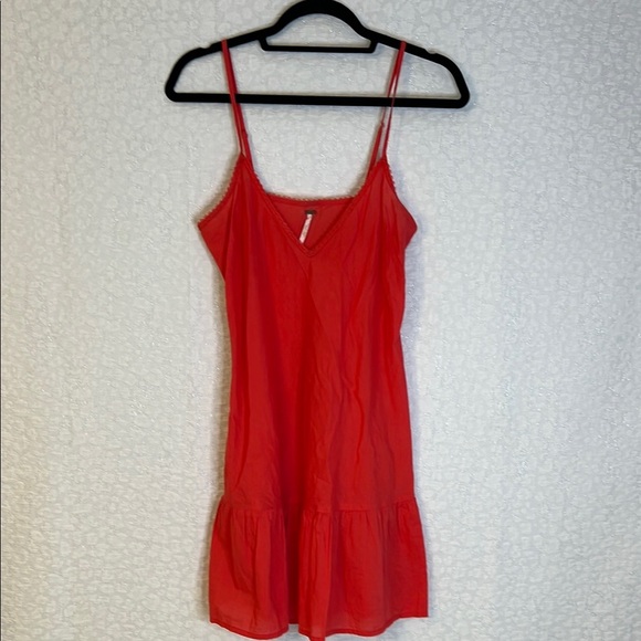 FREE PEOPLE SLIP DRESS WITH RUFFLE BOTTOM CORAL COTTON SIZE 0 - Picture 1 of 13